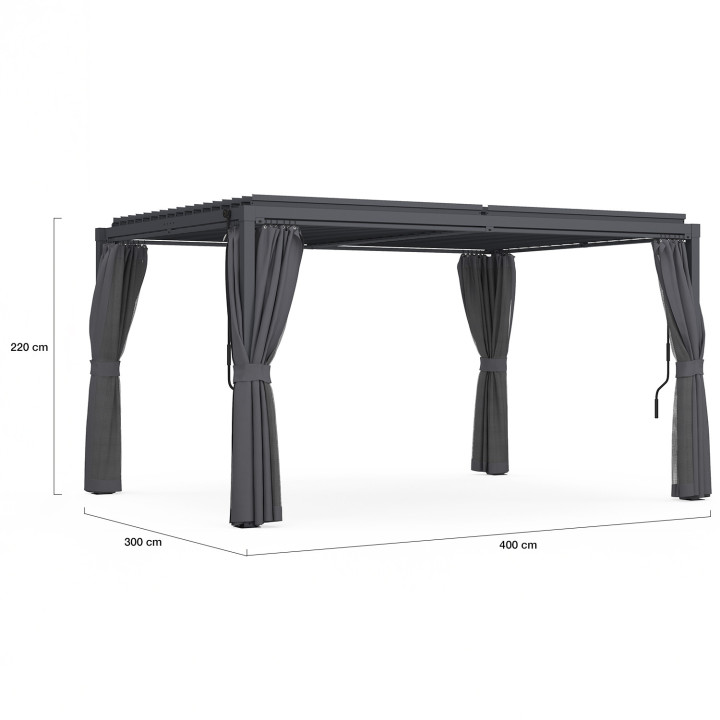 Pergola bioclimatique lames orientables acier 3x4 M rideaux et moustiquaire gris anthracite | IdMarket
