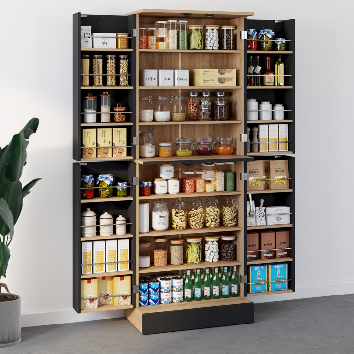 Highboard keukenkast H.160 cm ALTO 4 deuren met beuken en zwarte opbergelementen