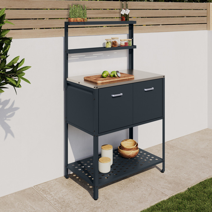 Mueble de cocina exterior de 2 puertas con 2 estantes suspendidos de acero gris antracita