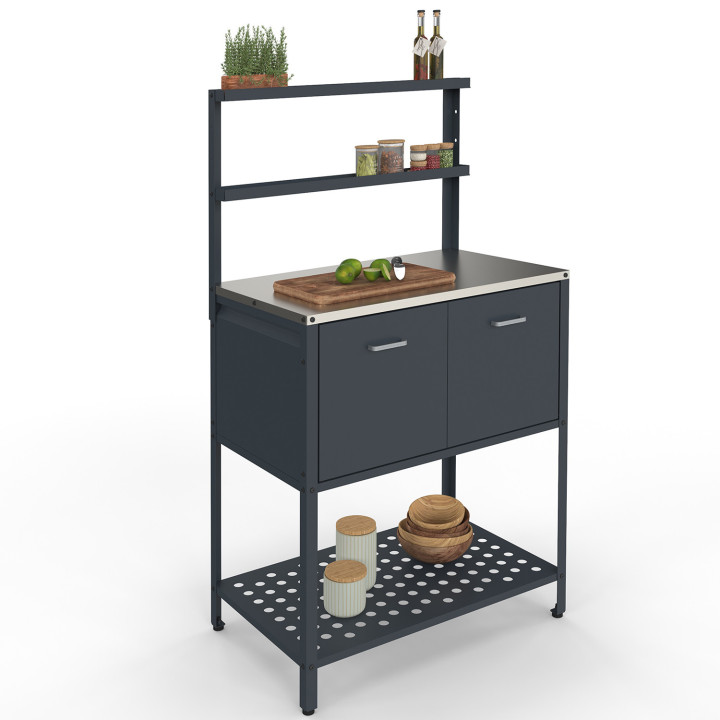 PAREO 2-deurs buitenkeuken met 2 hangende planken in antracietgrijs staal