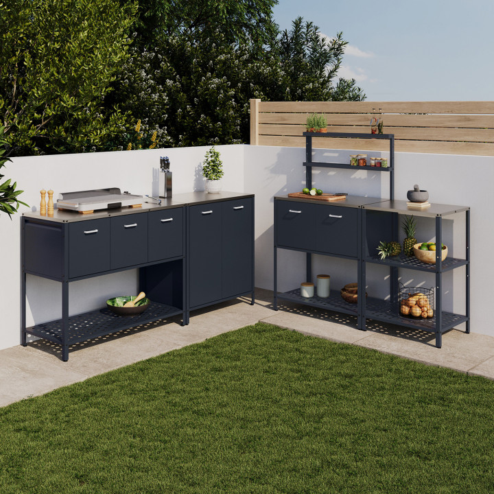 Mueble de cocina exterior de 2 puertas con 2 estantes suspendidos de acero gris antracita