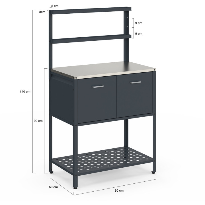 Meuble de cuisine extérieure 2 portes et 2 étagères suspendues acier gris anthracite