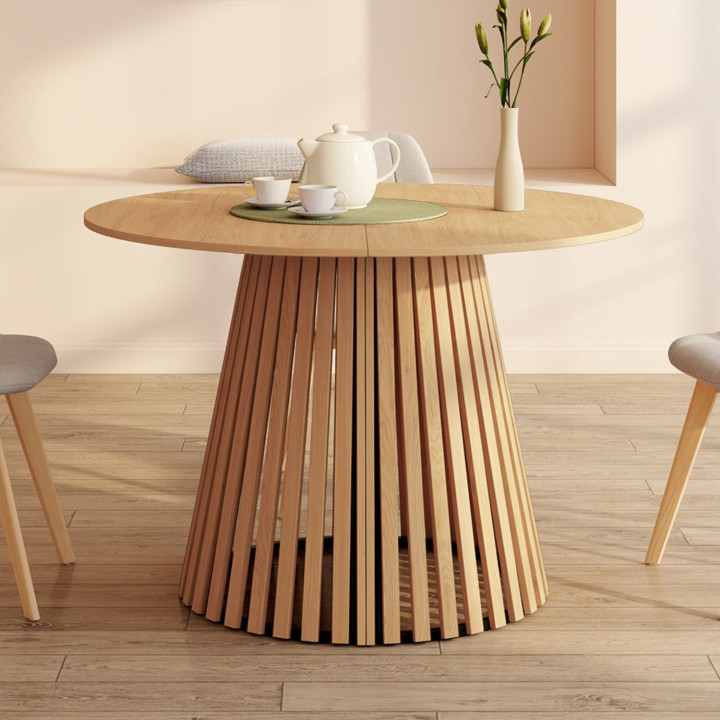 CARMEN ronde uitschuifbare eettafel 4-12 personen met houten lattenbodem en houten blad 110-300 cm