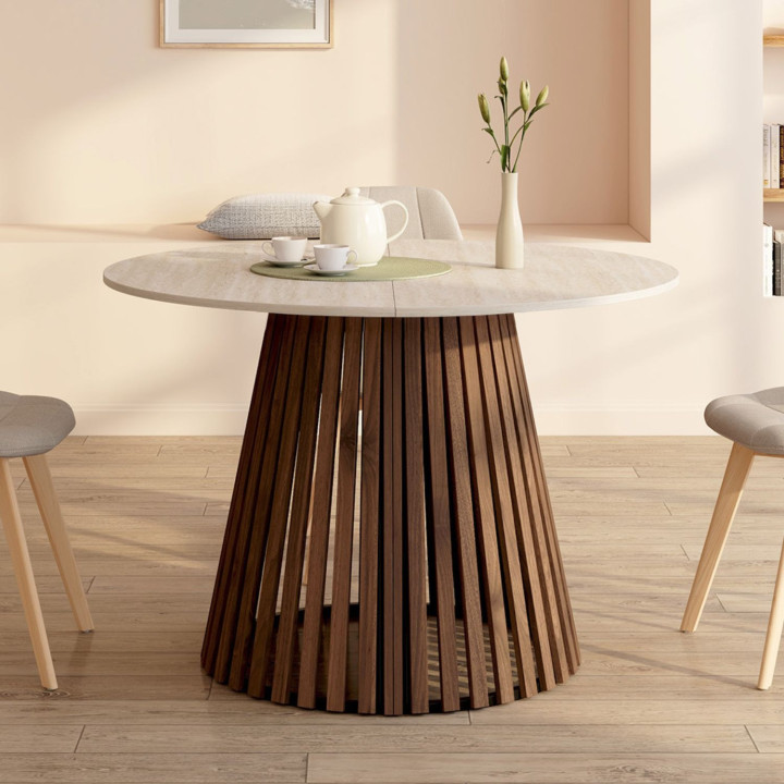CARMEN ronde uitschuifbare eettafel 4-10 personen met notenhouten lattenpoten en blad met travertijneffect 110-200 cm