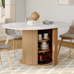 Table à manger extensible ronde JULIETTE 4-8 personnes pied lattes avec rangement et plateau effet marbre blanc 110-150 cm