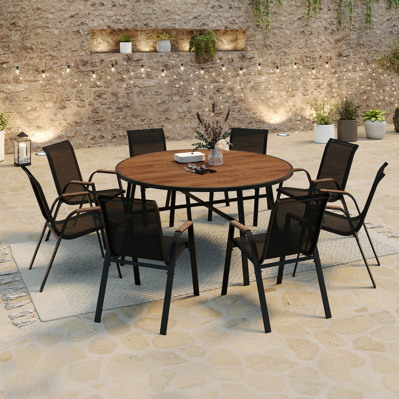 Nouméa muebles de jardín 150 cm mesa redonda y 8 sillas apilables en negro y madera