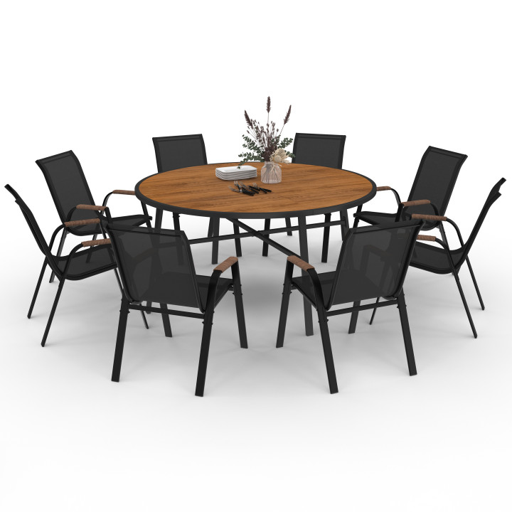 NOUMEA tuinmeubelen - 150cm ronde tafel en 8 stapelstoelen in zwart en hout