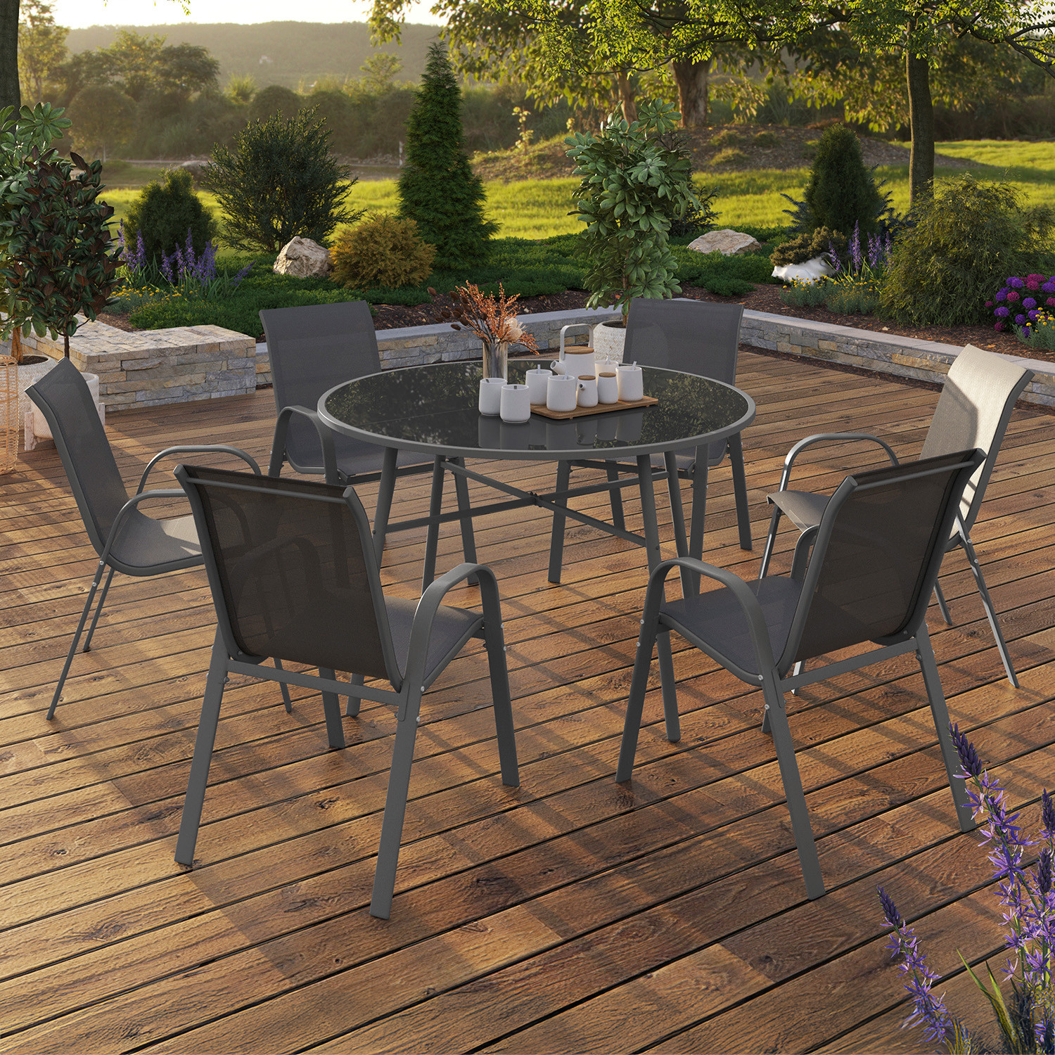 Salon de jardin table ronde 120 CM et 6 chaises empilables gris anthracite - MADRID | IdMarket