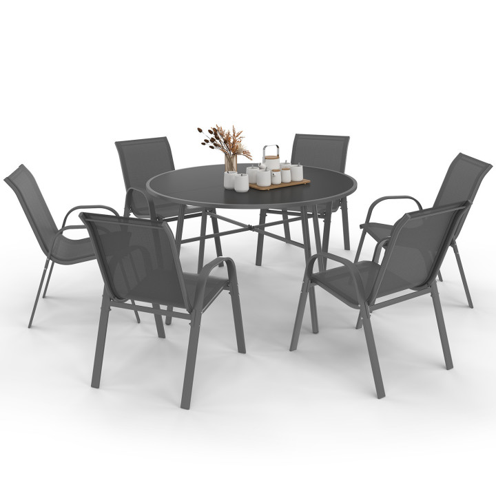 Set di mobili da giardino MADRID - tavolo rotondo da 120 cm e 6 sedie impilabili - grigio antracite