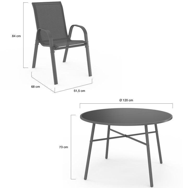Gartenmöbel MADRID runder Tisch 120 CM und 6 stapelbare Stühle anthrazitgrau