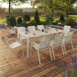 Gartenmöbel Tisch 190 CM und 8 stapelbare Stühle beige