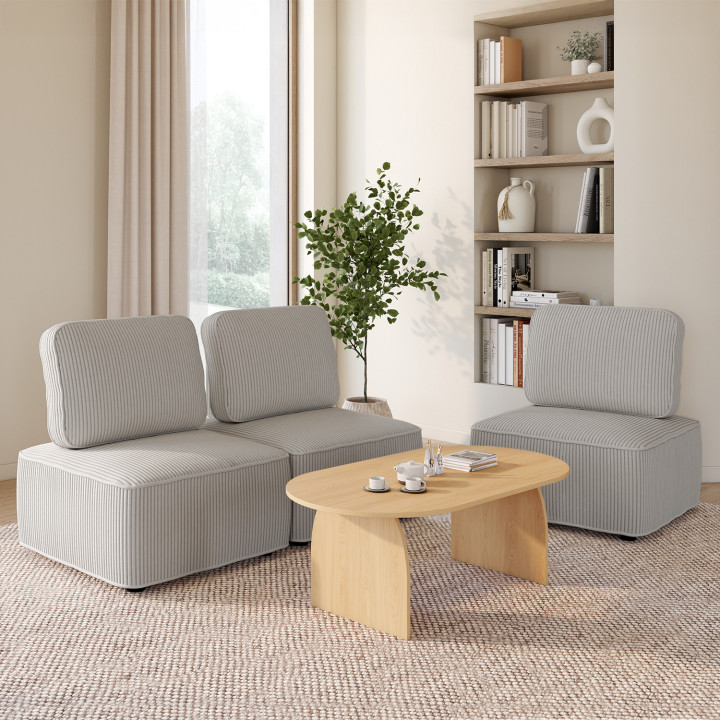 Modulo divano e poltrona in velluto a coste grigio chiaro | IdMarket