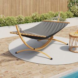 Hamaca XL con soporte metálico efecto madera y lona gris