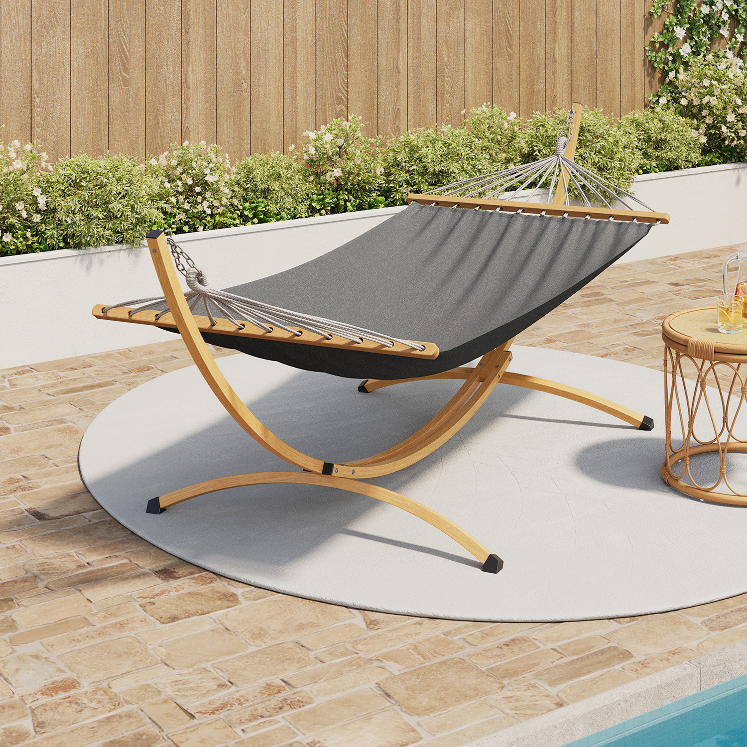 Hamac XL avec support métal effet bois et toile grise