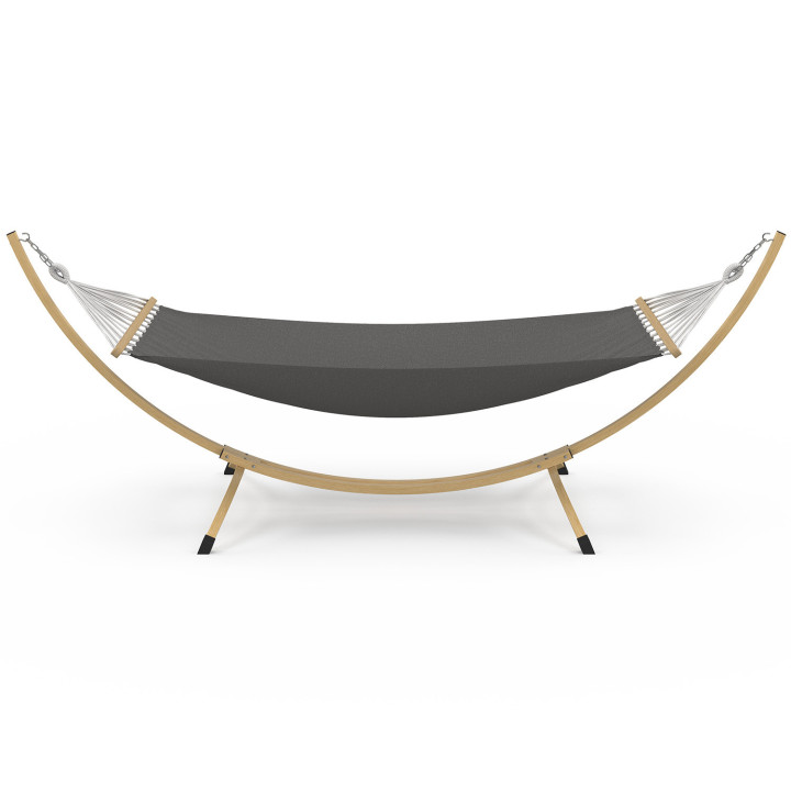 Hamaca XL con soporte metálico efecto madera y lona gris