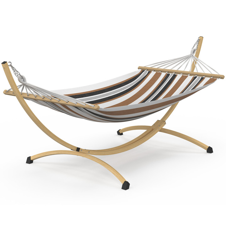Hamaca XL con soporte metálico con efecto madera y lona a rayas negras, blancas y color chocolate