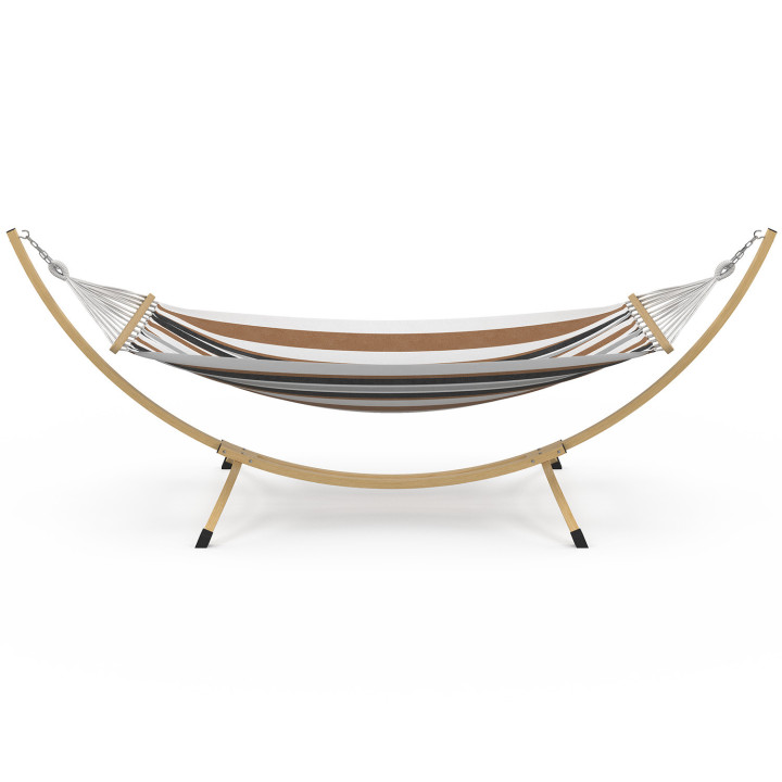 Hamac XL avec support métal effet bois et toile rayée noire, blanche et chocolat