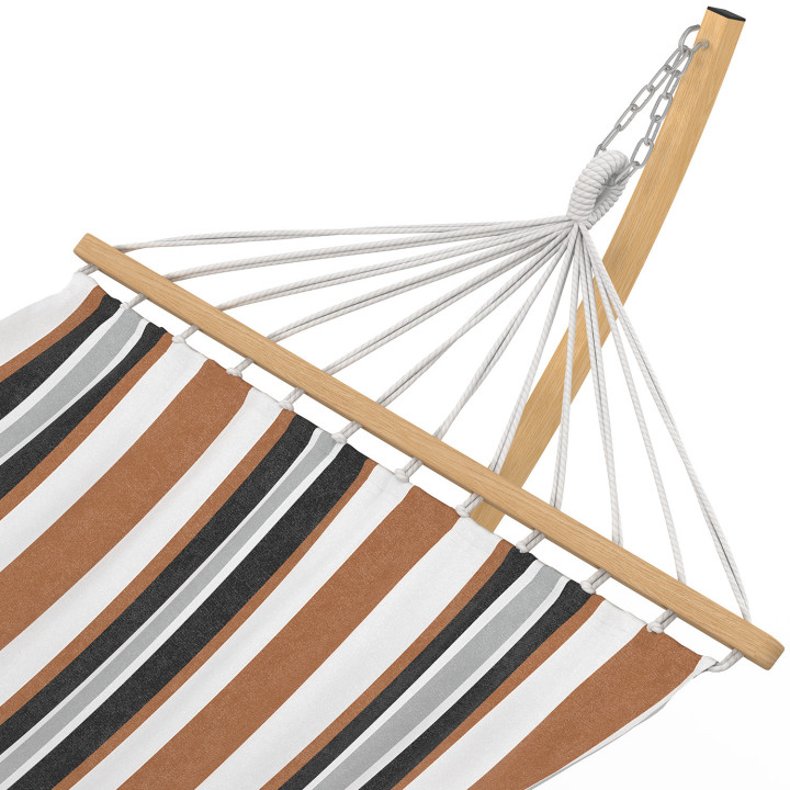 XL hangmat met houteffect metalen standaard en zwart, wit en chocolade gestreepte stof