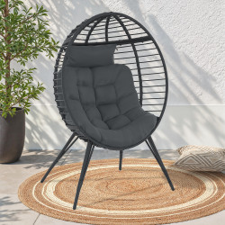 Grijze opengewerkte fauteuil met rotaneffect en grijs kussen | IdMarket