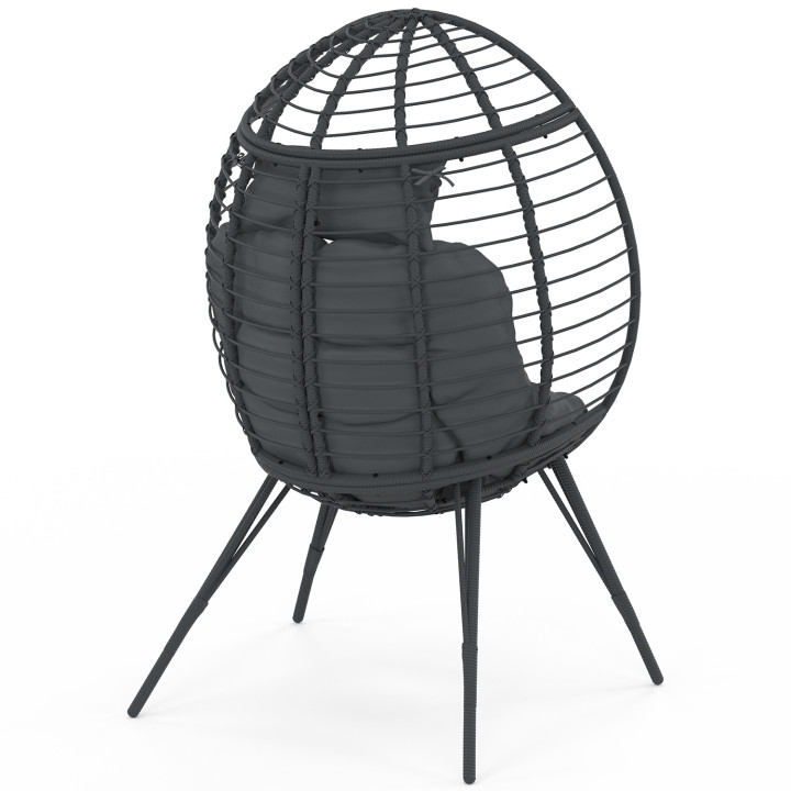 Sessel Ei auf grauem durchbrochenem Fuß in Rattanoptik mit grauem Kissen