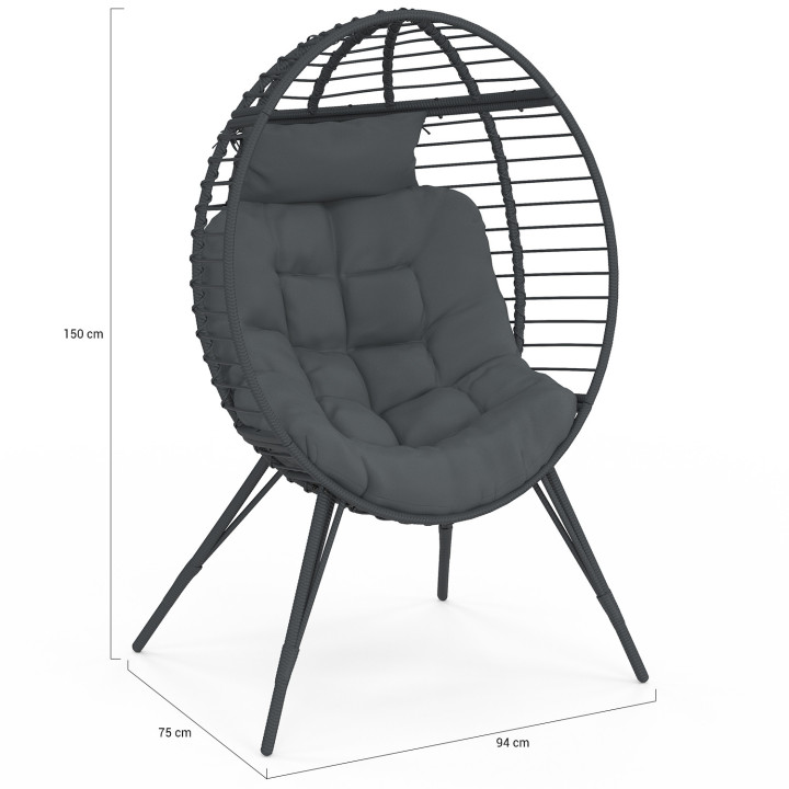 Poltrona a forma di uovo con base traforata in rattan grigio e cuscino grigio