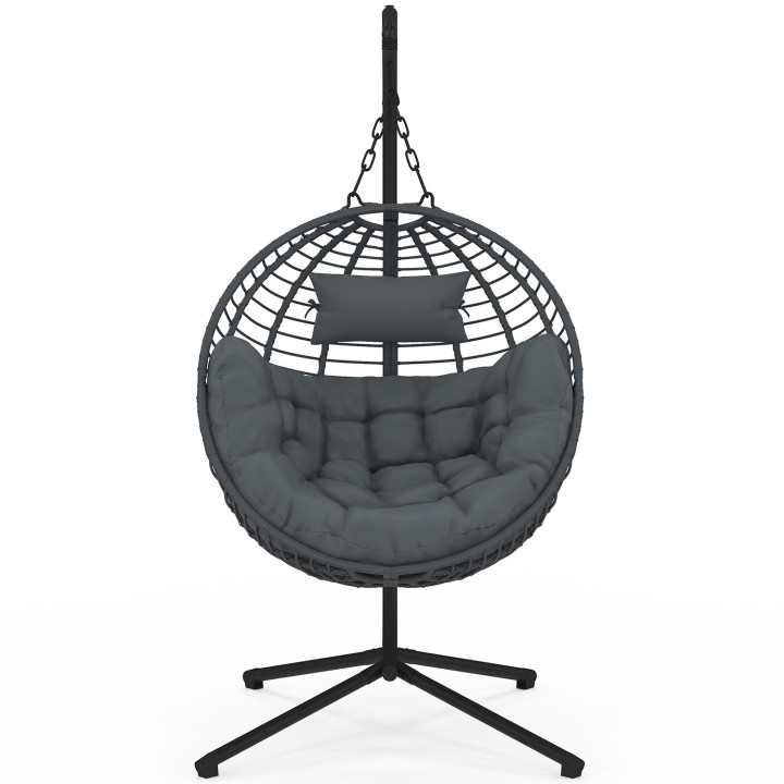 Fauteuil rond suspendu ajouré effet rotin gris avec coussin gris