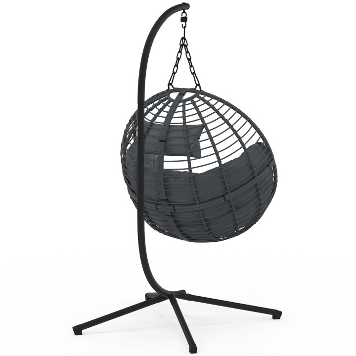 Fauteuil rond suspendu ajouré effet rotin gris avec coussin gris