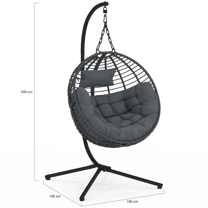 Sillón redondo calado con efecto ratán gris y cojín gris