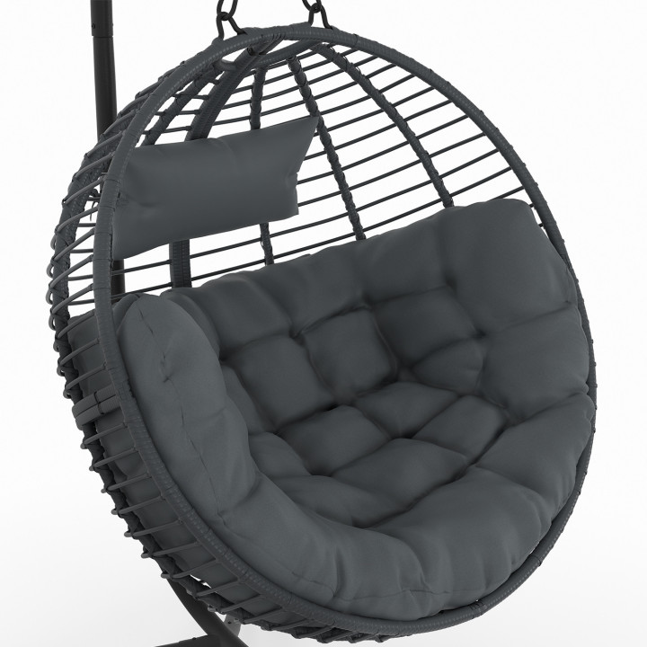 Sillón redondo calado con efecto ratán gris y cojín gris