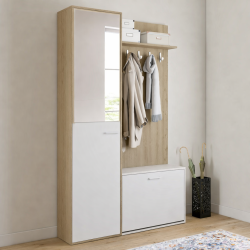 Vestiaire d'entrée rangement chaussures avec miroir et étagères MAHAUT 1 porte effet bois et blanc