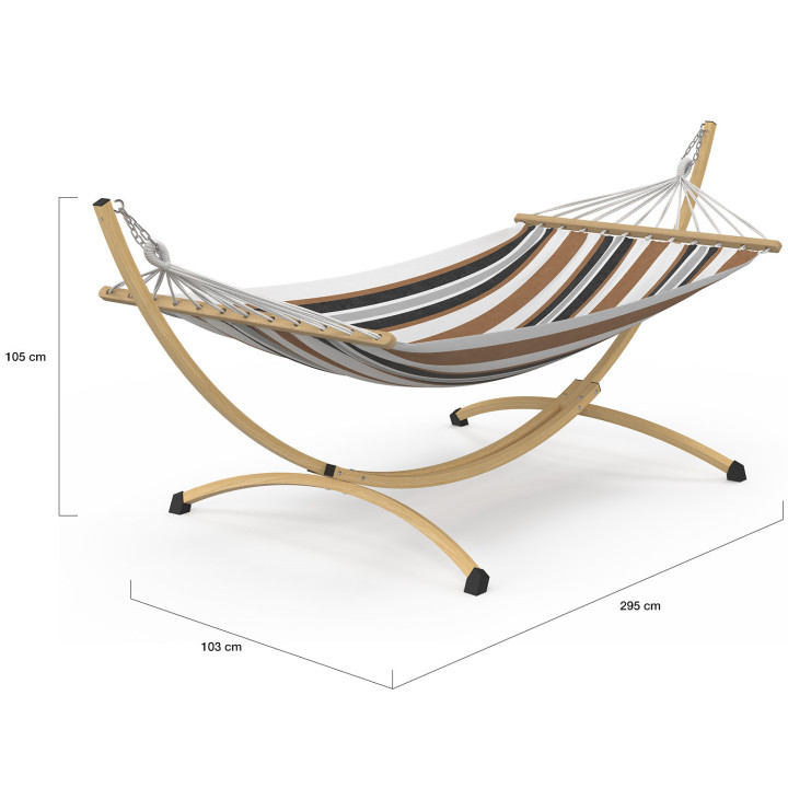 XL hangmat met houteffect metalen standaard en zwart, wit en chocolade gestreepte stof