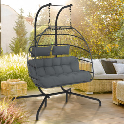 Fauteuil œuf suspendu ajouré 2 places effet rotin gris avec coussin gris