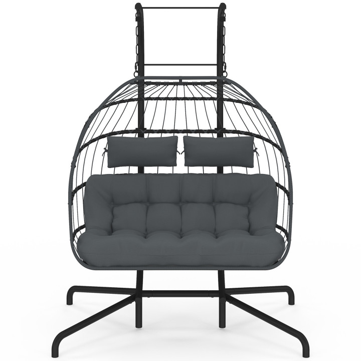 Poltrona a 2 posti a forma di uovo traforato in rattan grigio con cuscino grigio