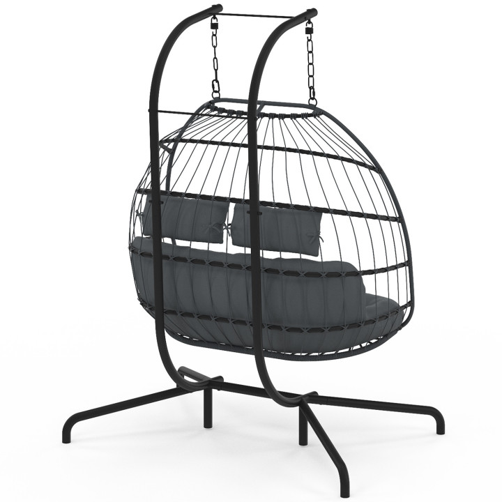 2-zits grijze rotan opengewerkte eivormige fauteuil met grijs kussen