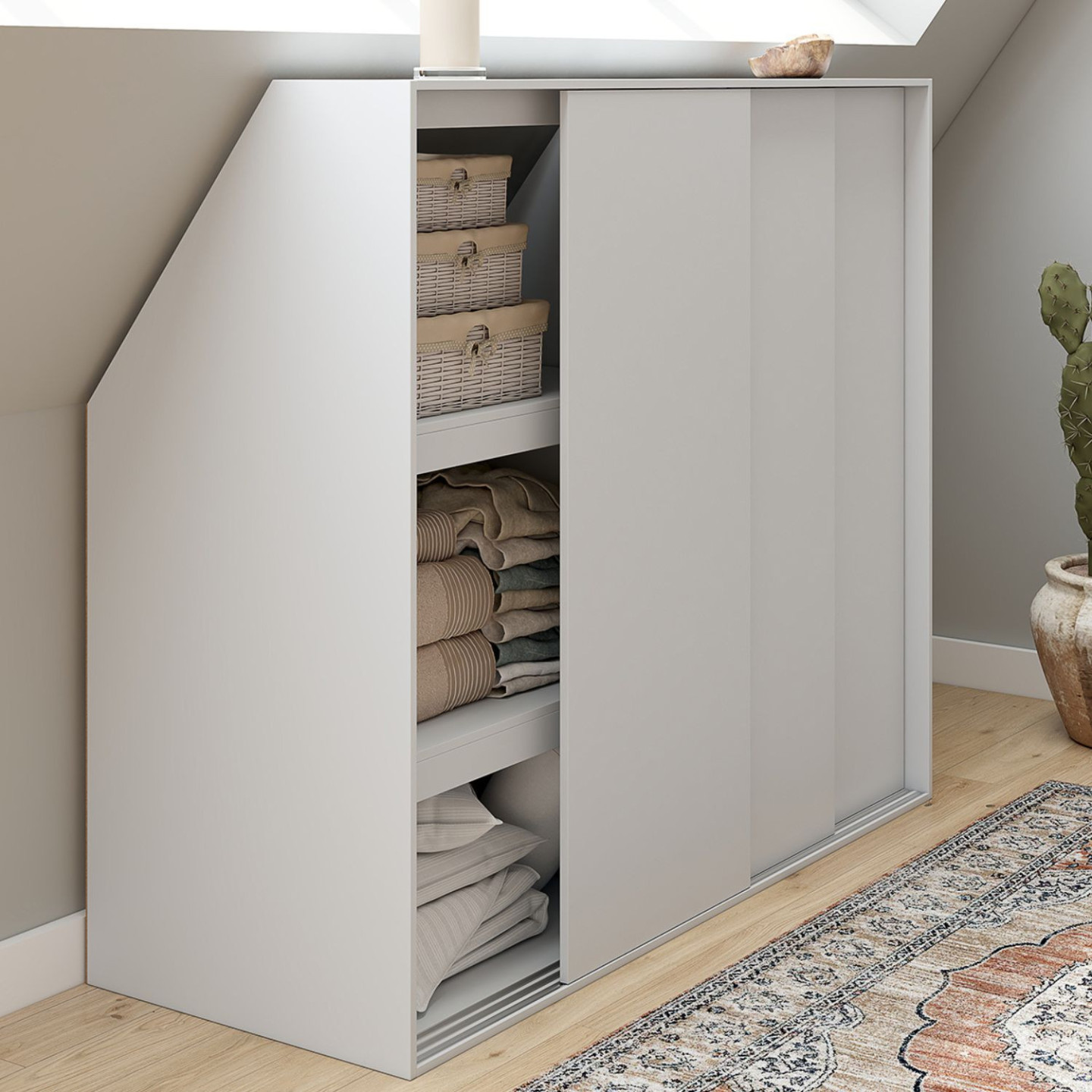 Schrank unter Dachschräge 3 Schiebetüren 3 Ebenen 130 x 50 x 70/110 cm weiß