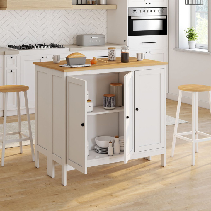 Set aus Bartisch und 2 Hockern, Holz weiß, Platte in Buchenoptik - ACHILLE - ID Market