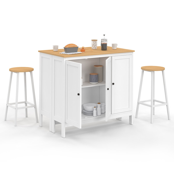 Ensemble table de bar îlot Achille et 2 tabourets bois blanc plateau façon hêtre