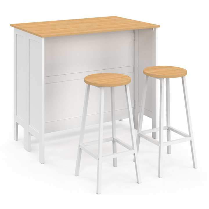 Ensemble table de bar îlot Achille et 2 tabourets bois blanc plateau façon hêtre