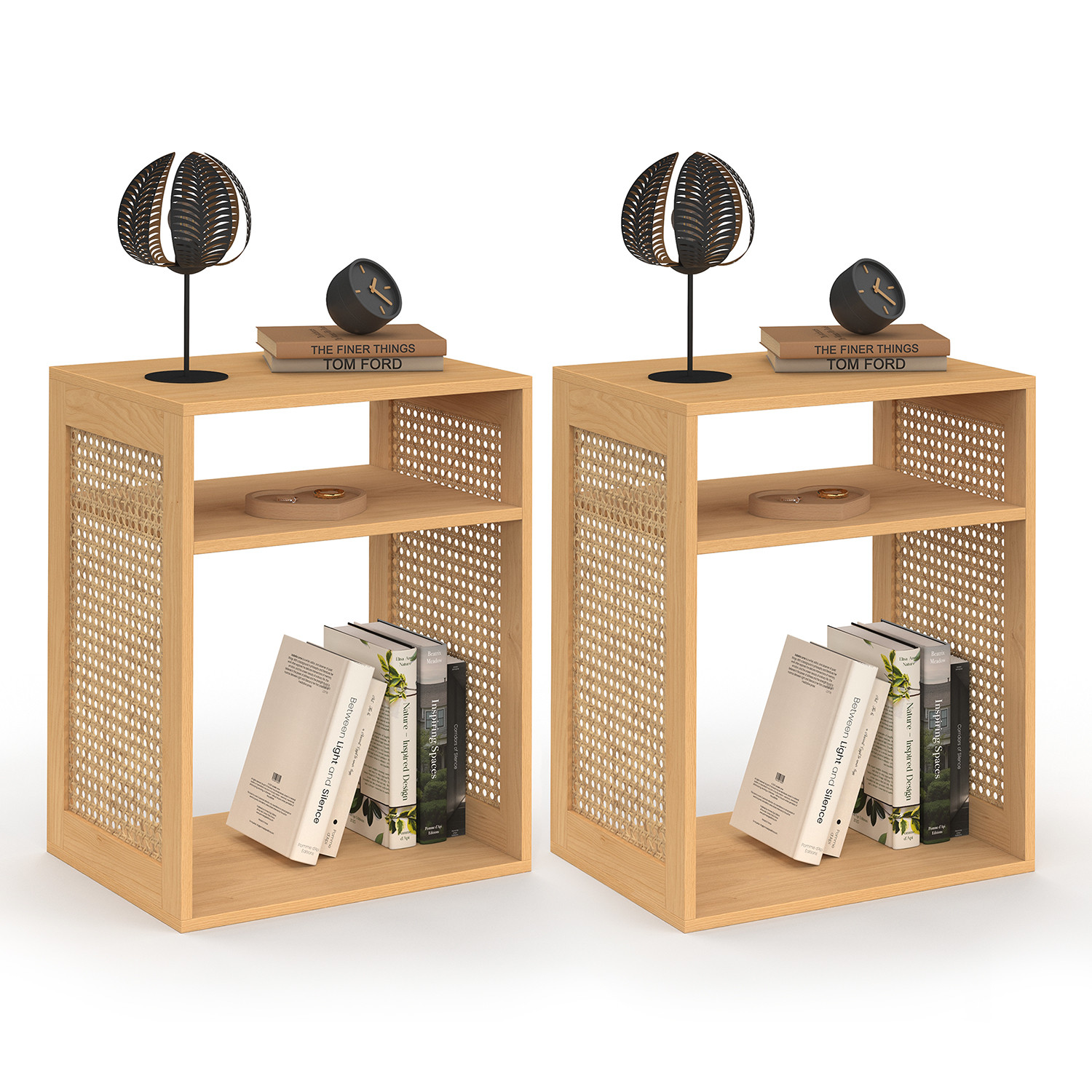 Lot de 2 tables de chevet avec rangements ouverts effet lattes et bois