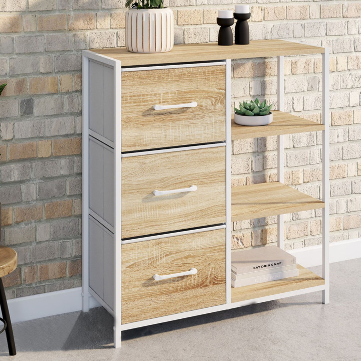 UTAH Credenza a 3 cassetti con ripiani, 70 cm, design industriale in legno e bianco