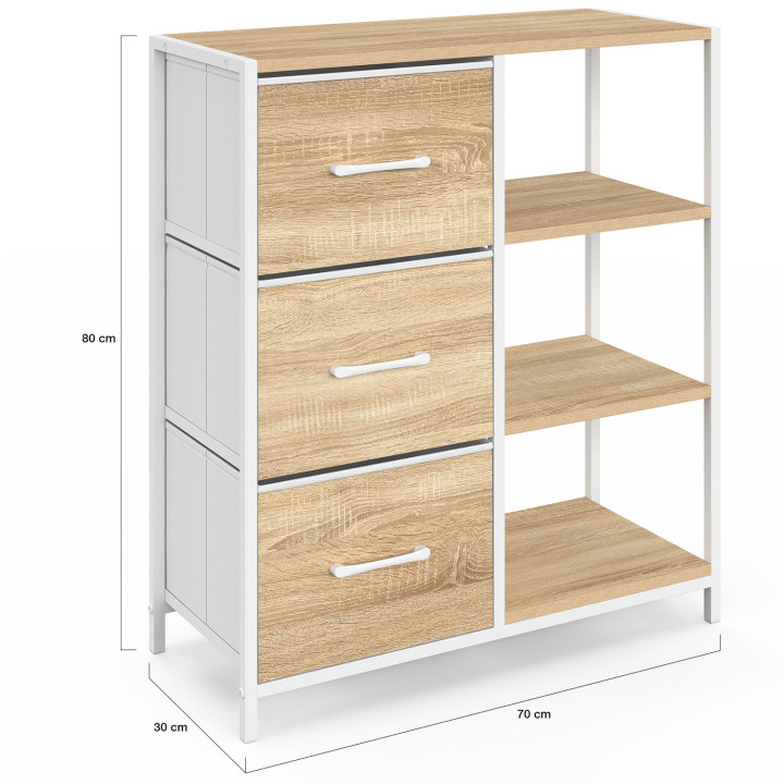 UTAH Credenza a 3 cassetti con ripiani, 70 cm, design industriale in legno e bianco