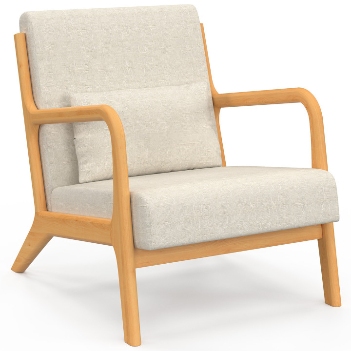 Scandinavische JOSEPH fauteuil in beige stof met houten armen en poten