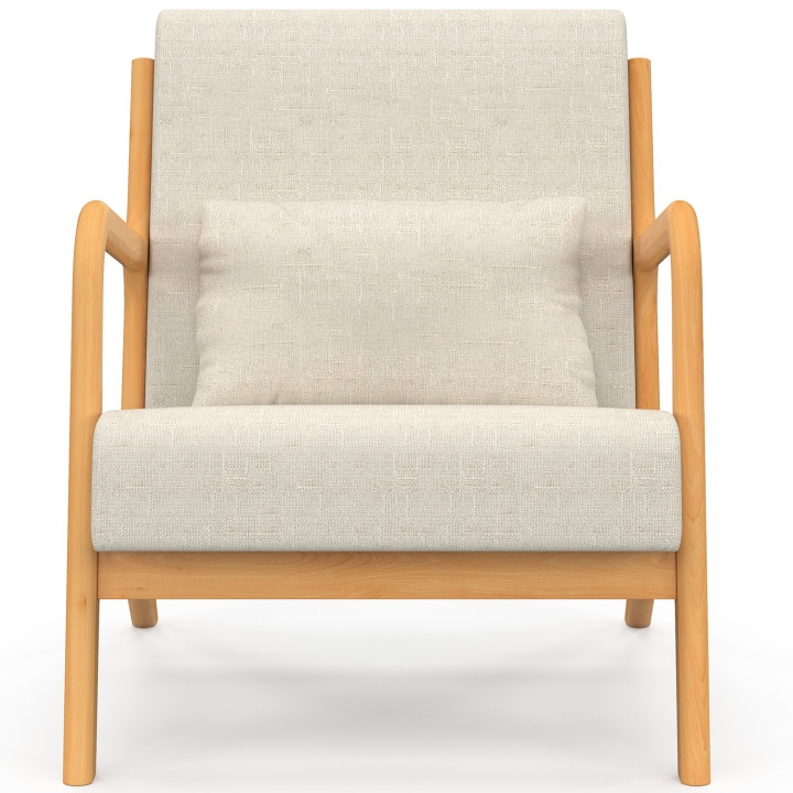 Scandinavische JOSEPH fauteuil in beige stof met houten armen en poten