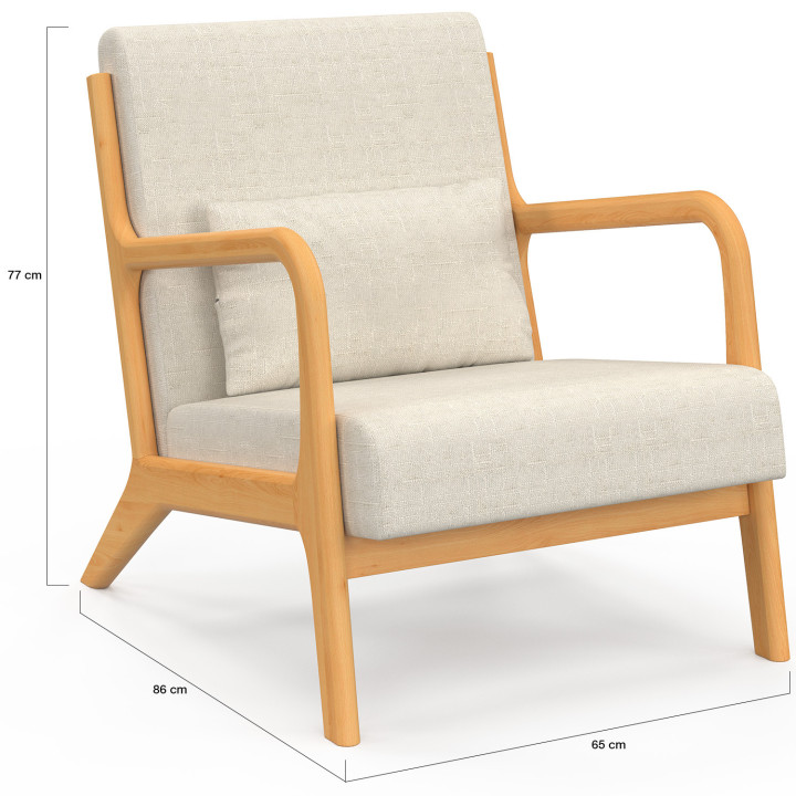 Scandinavische JOSEPH fauteuil in beige stof met houten armen en poten