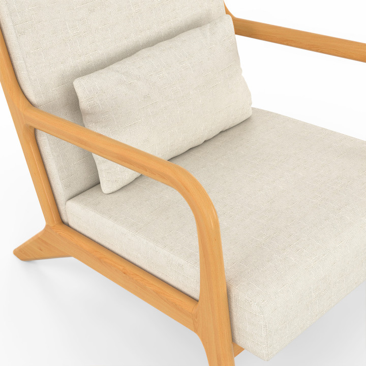 Sillón escandinavo JOSEPH de tela beige con brazos y patas de madera