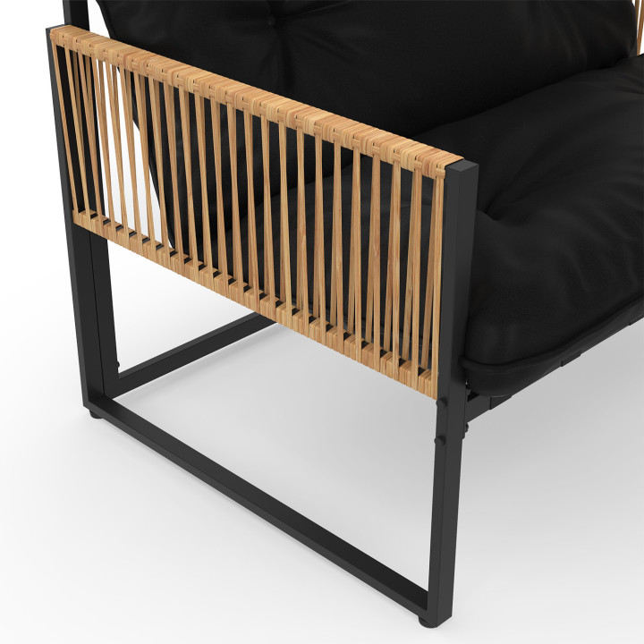 Set di mobili da giardino bassi RIO a 8 posti con struttura in metallo e corde effetto rattan chiaro e cuscini neri