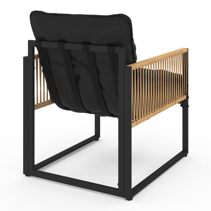 RIO 8-zits lage tuinset met metalen frame en licht rotan effect koord en zwarte kussens