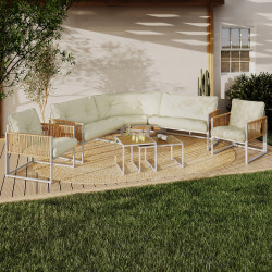8-zits lage tuinset wit metalen frame, rotan effect koord met beige kussens