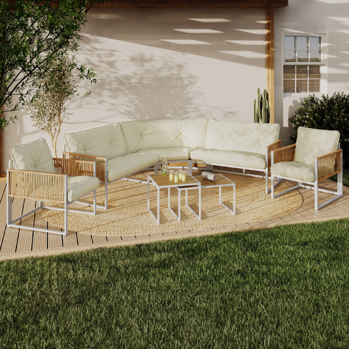 RIO 8-zits lage tuinset wit metalen frame en rotan-koord met beige kussens