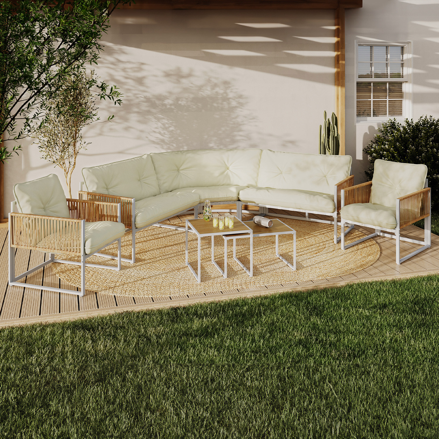 Salon de jardin bas 8 places salon d'angle structure métal blanc, cordage effet rotin avec coussins beige